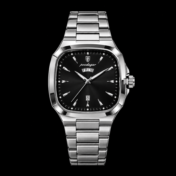 Men’s Luxury Silver Stainless Steel Watch – Black Dial