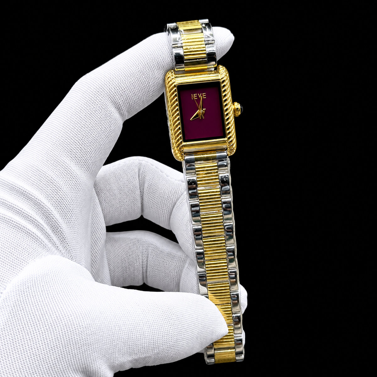 Elegant Burgundy Square Dial Ladies Watch – Gold & Silver Bracelet