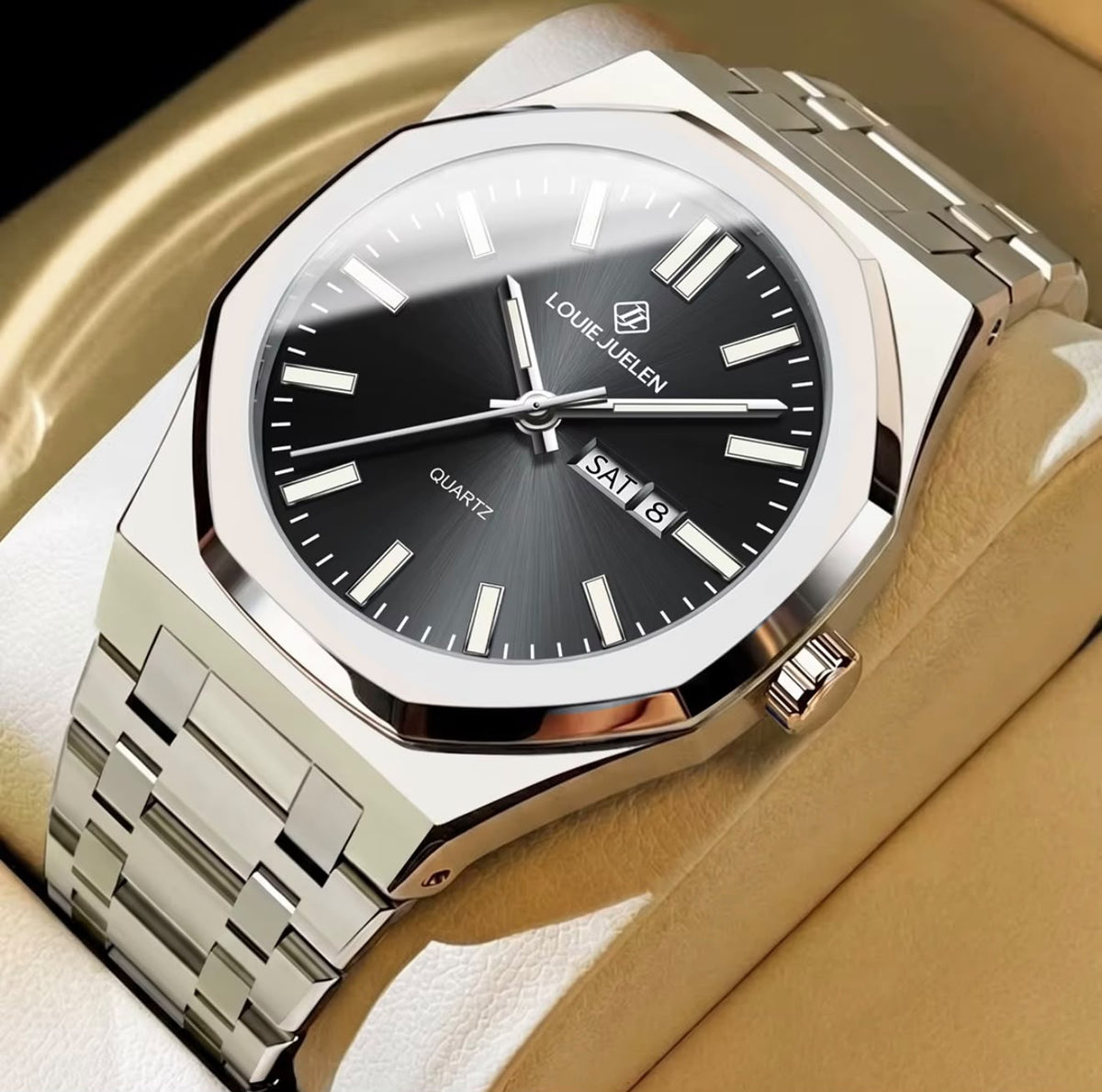 Luxury Silver & Black Dial Men’s Quartz Watch